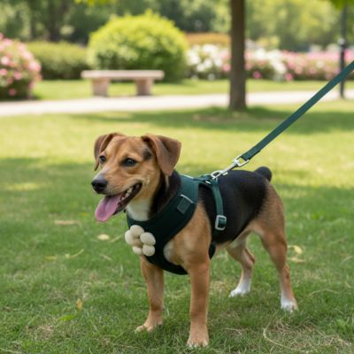 chiot promenade jardin avec son beau harnais chien