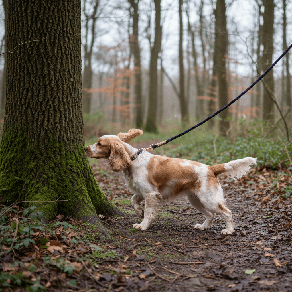cocker-avec-longes-chien-broutant-arbre