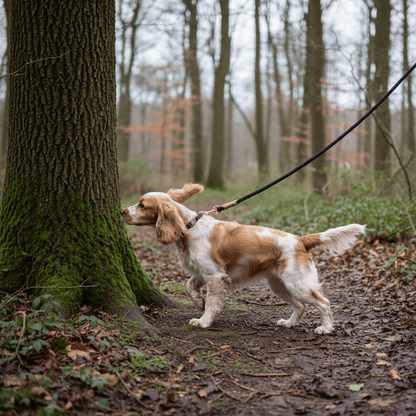 cocker-avec-longes-chien-broutant-arbre
