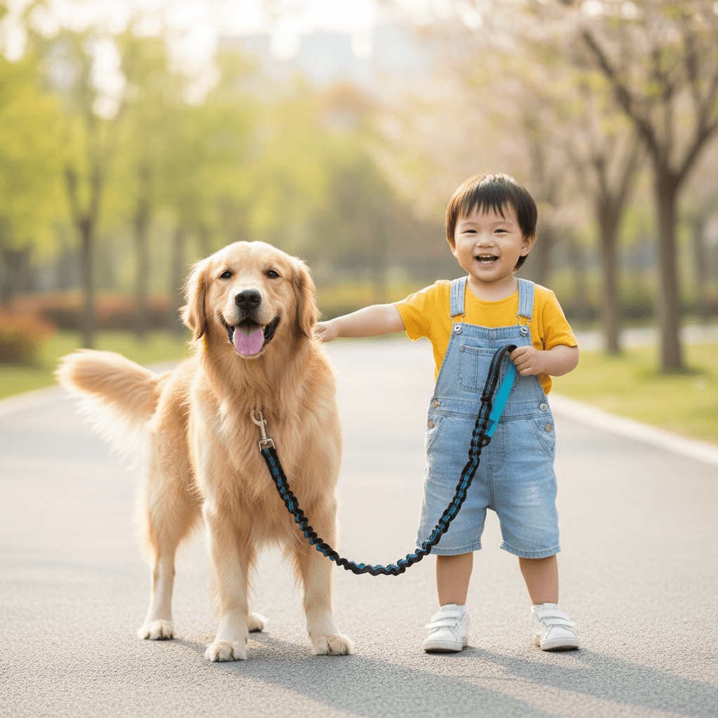 Enfant avec golden retriever laisse canicross
