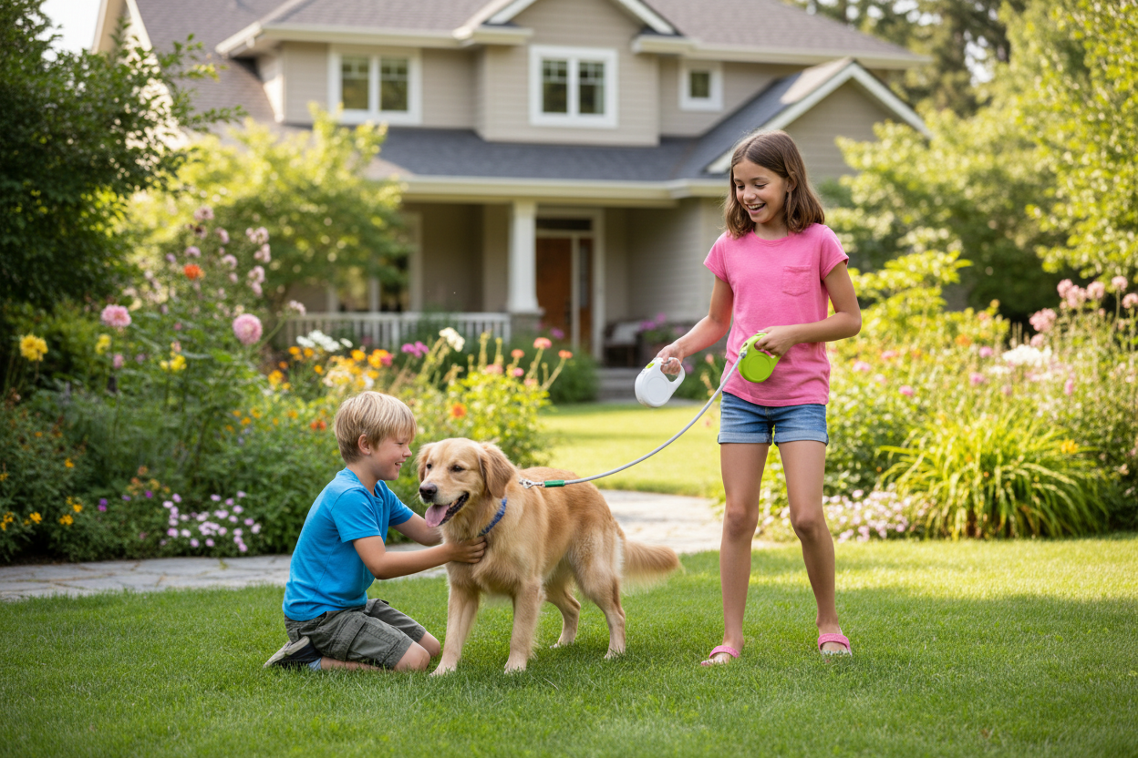 fille-avec-son-frere-chien-jardin-avec-laisse-blanche
