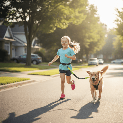 Fille courant dans rue avec chien portant laisse canicross 