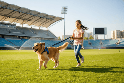 Fillette au stade jouant avec chien et laisse bleue