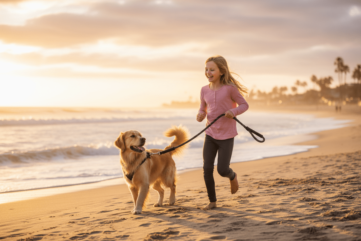 Fillette avec chien mer avec longe pour chien noire