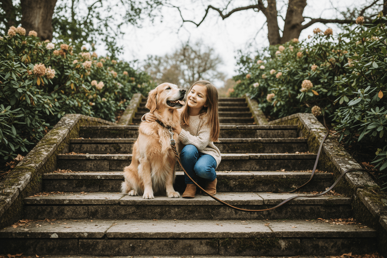 Fillette avec chien sur escalier longe chiens