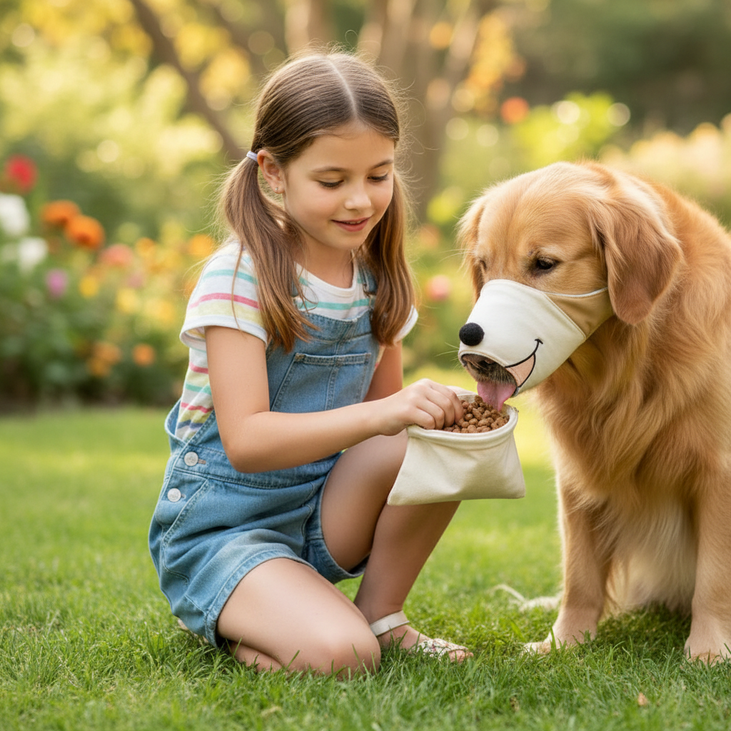 fillette-donnant-des-croquettes-chien-avec-la-museliere