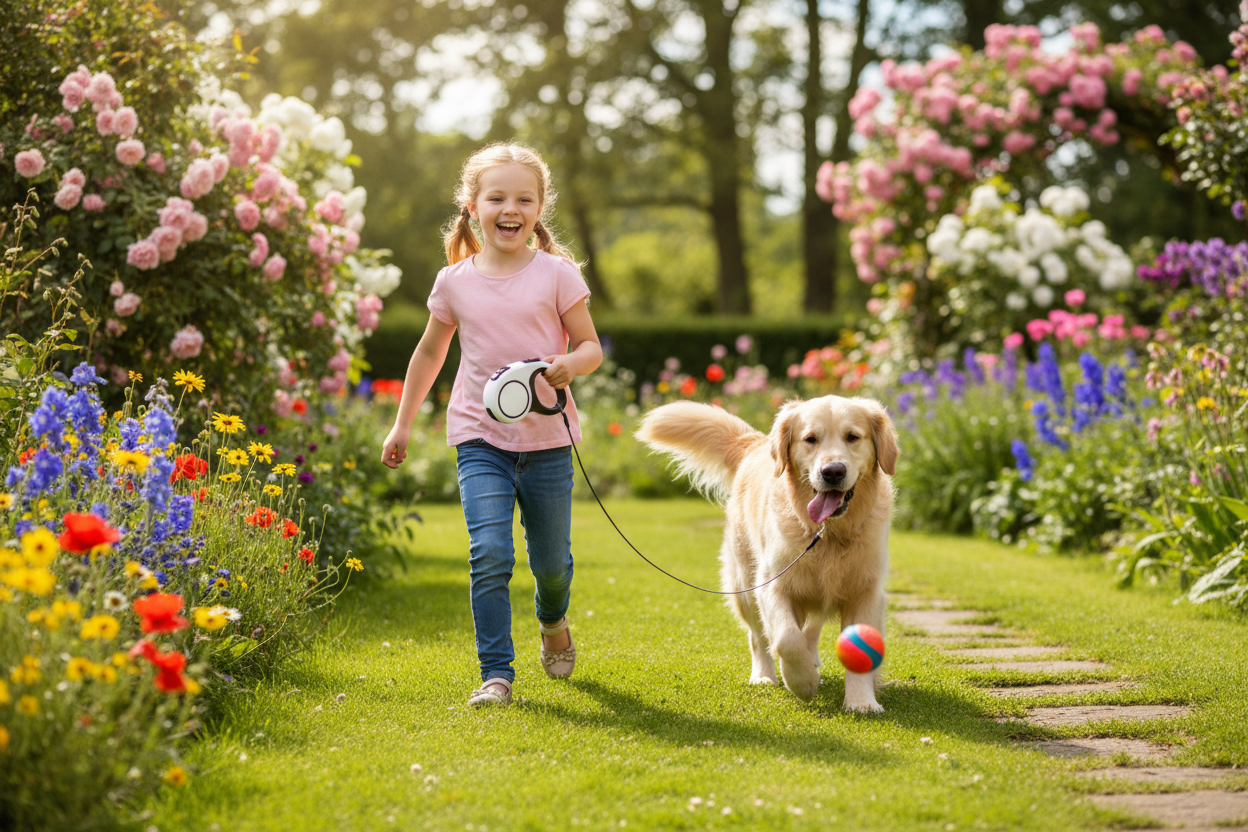 fllette jouant avec son chien dans un jardin