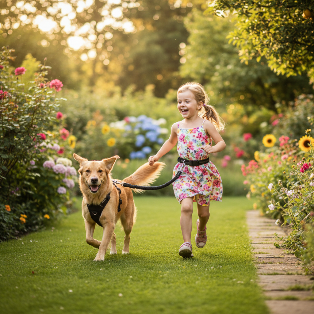Fillette jouant jardin avec chien portant laisse canicross