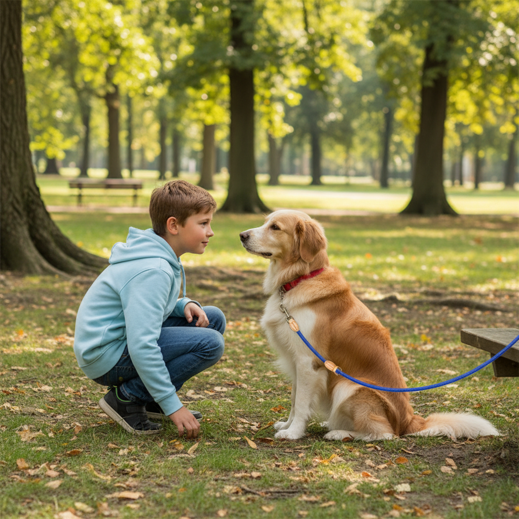 Garçon au parc observant chien avec laisse double bleue