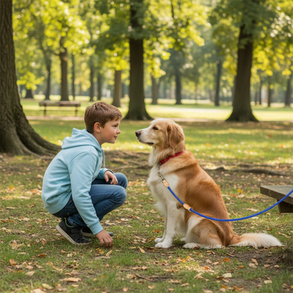 Garçon au parc observant chien avec laisse double bleue