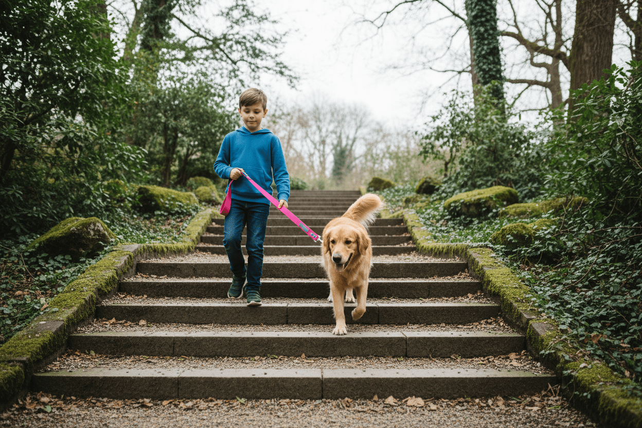Garçon avec son chien dans un escalier avec la longe rose