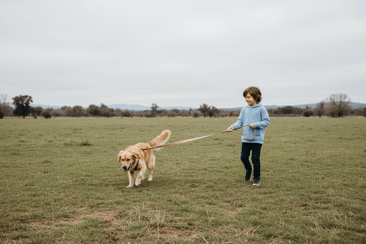 Garçon avec son chien dans un espace ouvert avec longe beige/crème