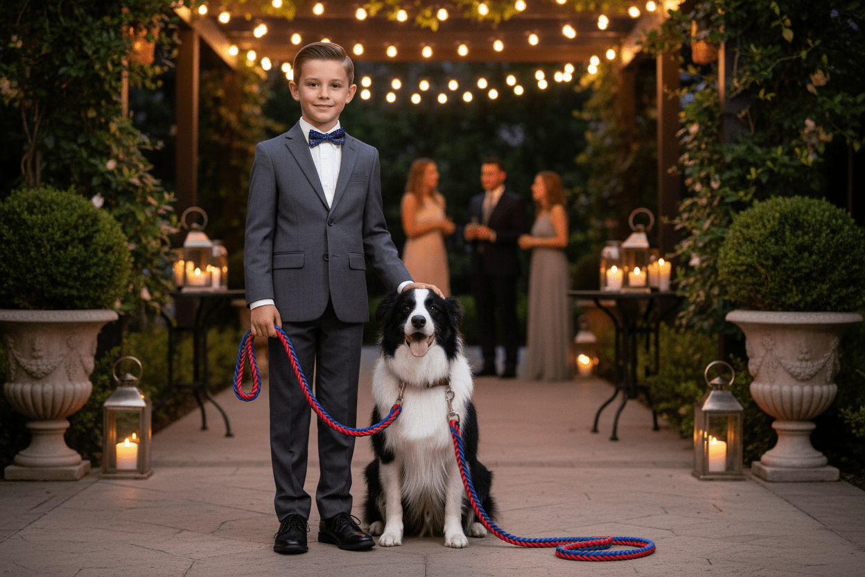 Garçon en soirée avec chien et laisse tressée rouge et bleue