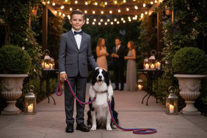 Garçon en soirée avec chien et laisse tressée rouge et bleue