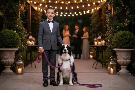 Garçon en soirée avec chien et laisse tressée rouge et bleue
