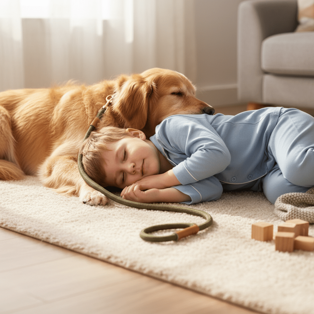 garcon-couchant-avec-chien-portant-laisse