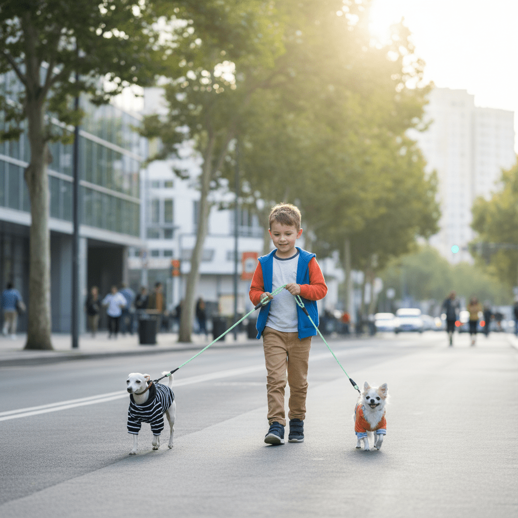 Garçon promenant chiens avec laisse double pour chien