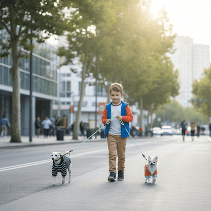Garçon promenant chiens avec laisse double pour chien