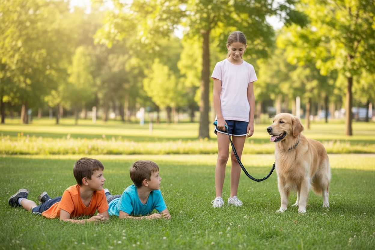 Garçons  parc observant fillette chien laisse canicross