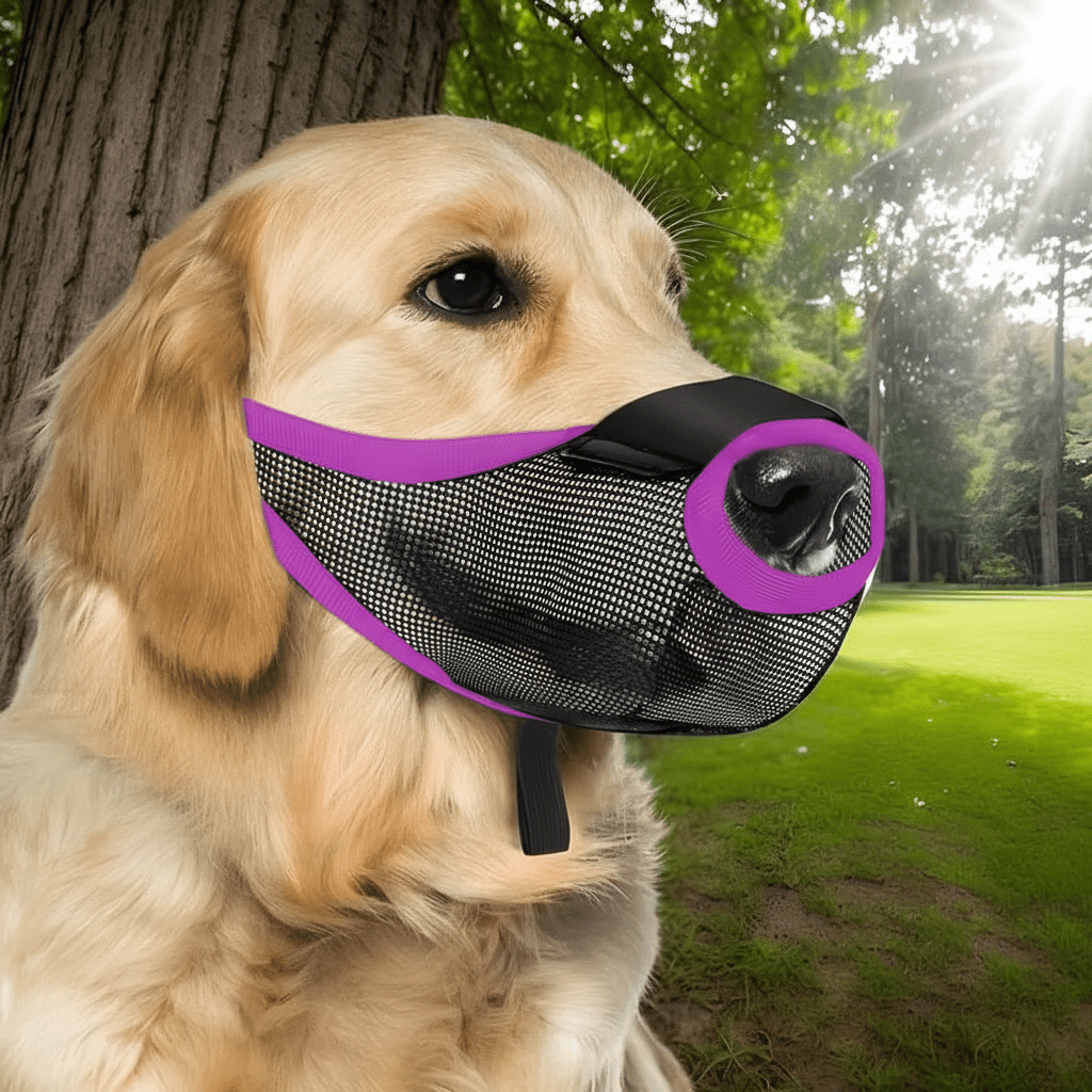 golden-retriever-avec-muselière-pour-chien-violette-parc