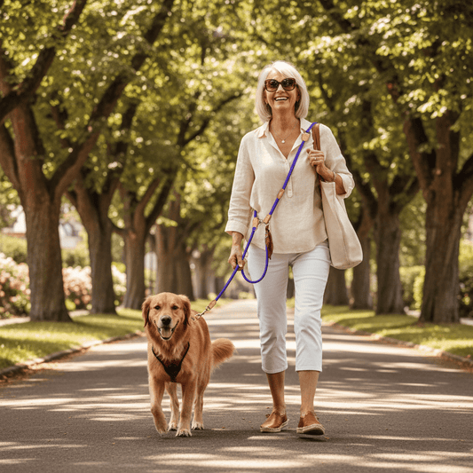 Grand-mère élégante avec chien  laisse double 