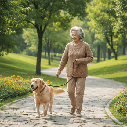 grand-mere-parc-avec-chien-portant-laisse-chien