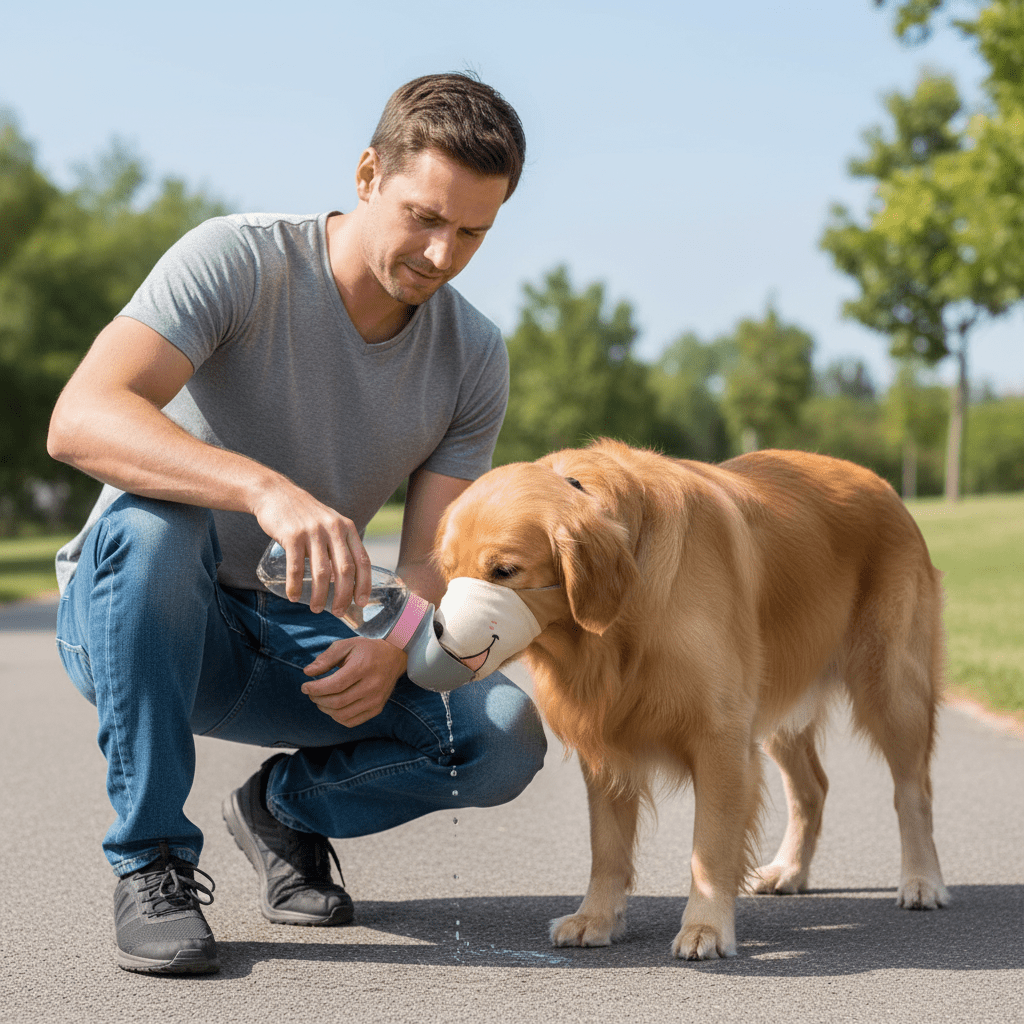 homme-donnant-de-leau-un-chien-avec-museliere