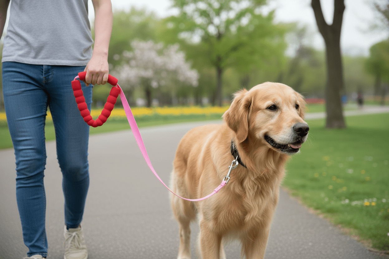 Homme en promenade avec chien - longe rose