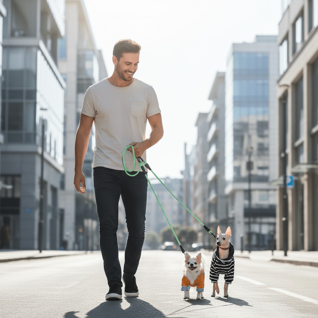 Homme promenant chiens avec laisse double pour chien