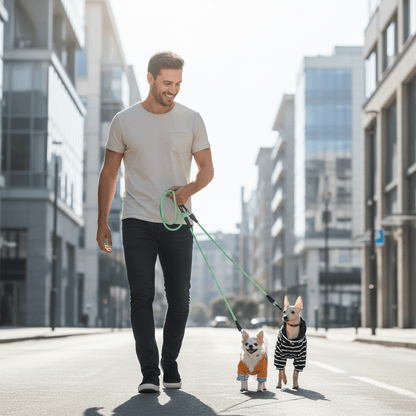 Homme promenant chiens avec laisse double pour chien