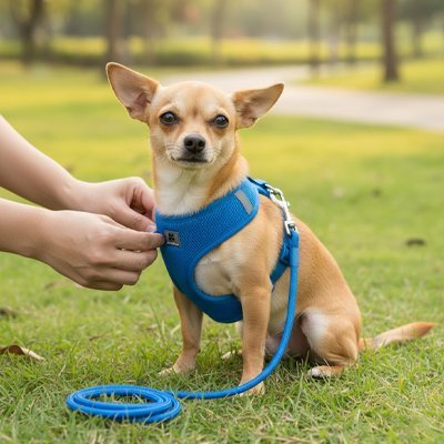 joli-chien-jardin-avec-son-harnais-chien-anti-traction