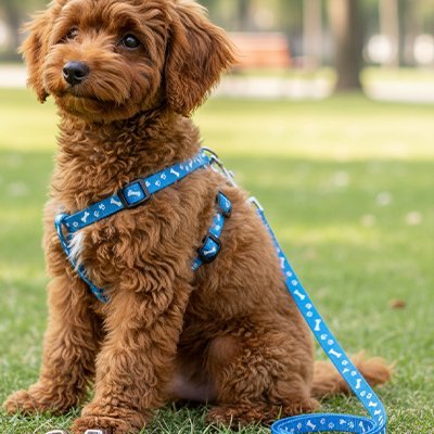 joli-chien-route-avec-laisse-pour-chien-bleu
