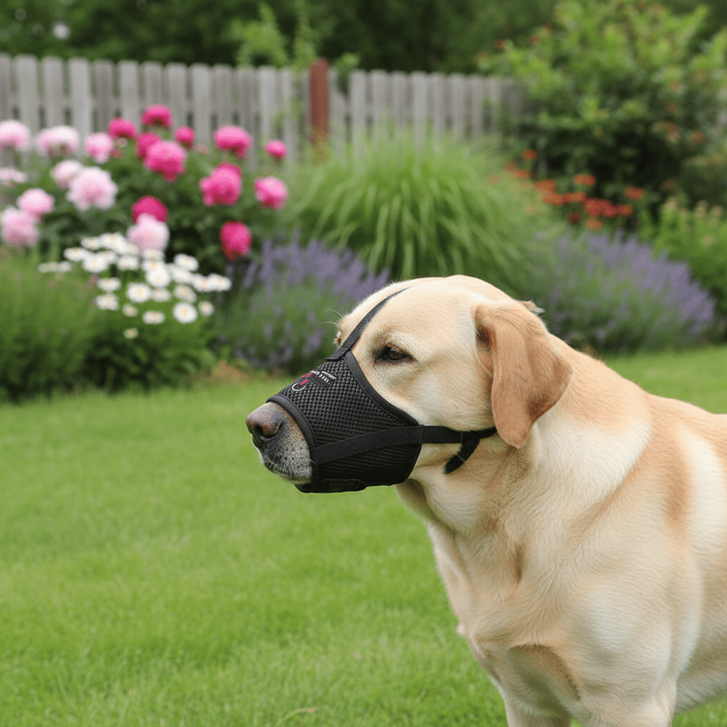 labrador-jardin-avec-muselière-pour-chien-noire