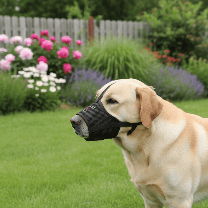 labrador-jardin-avec-muselière-pour-chien-noire