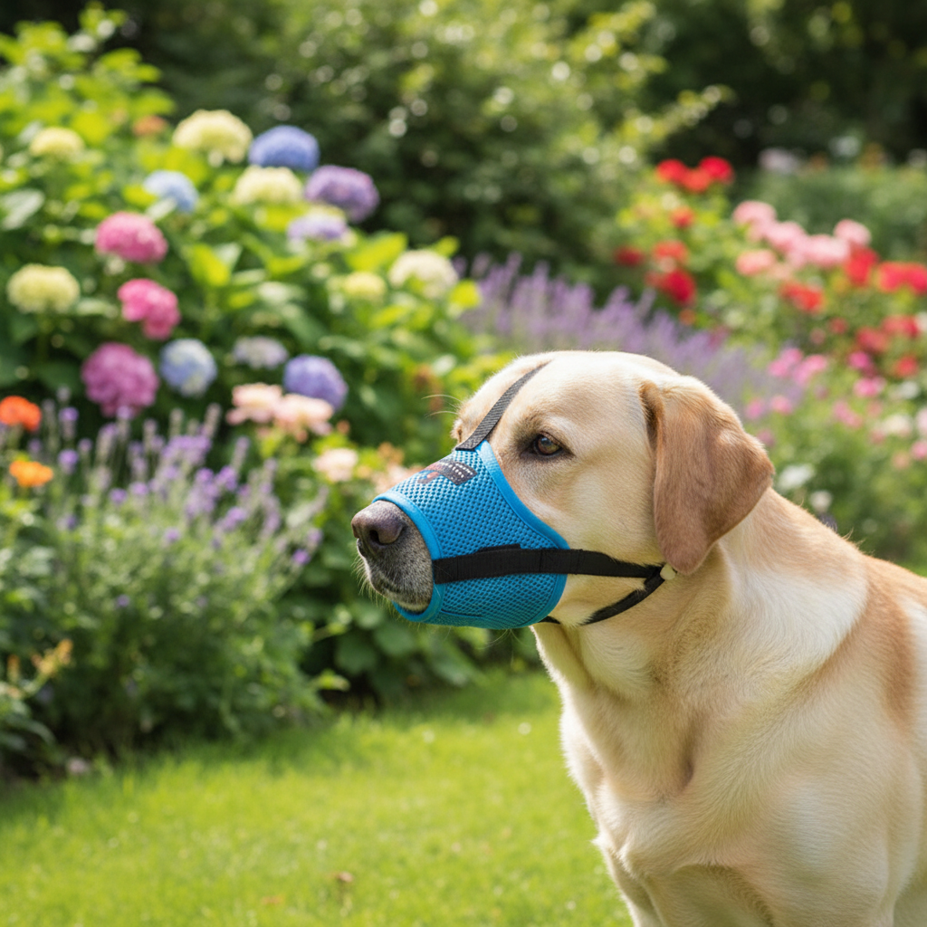 labrador-jardin-avec-muselière-pour-chien-bleue