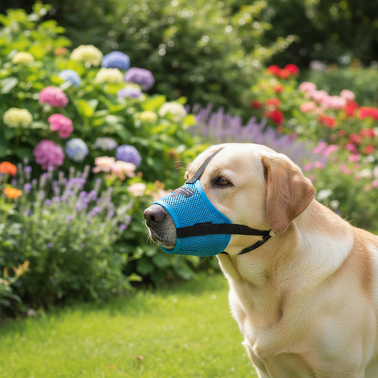labrador-jardin-avec-muselière-pour-chien-bleue