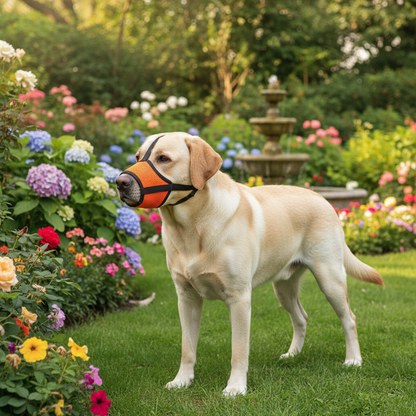 labrador jardin avec- muselière pour chien orange