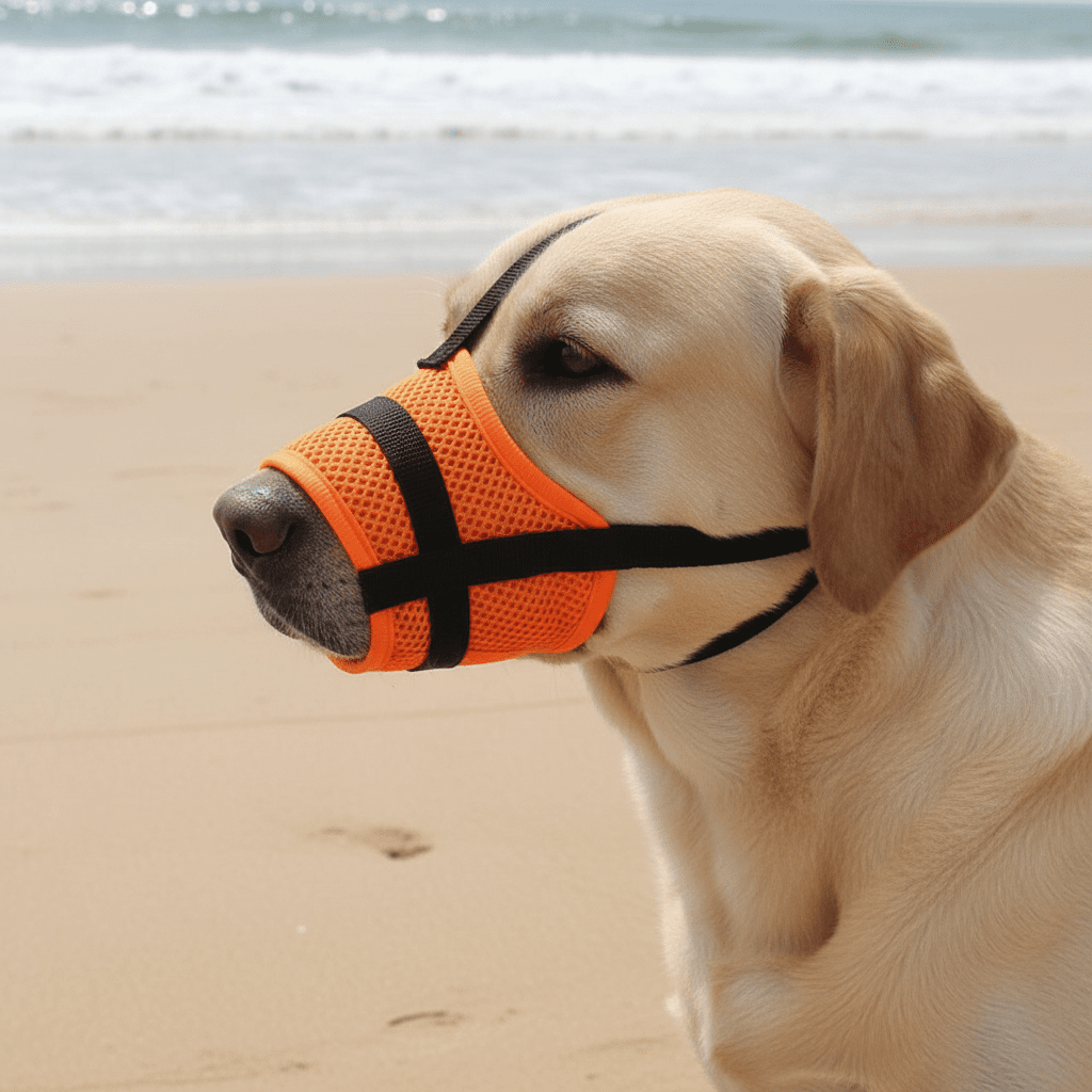 labrador-plage-avec-muselière-pour-chien-orange