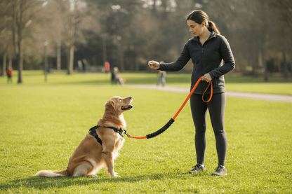 Max avec son dresseur portant laisse orange élastique
