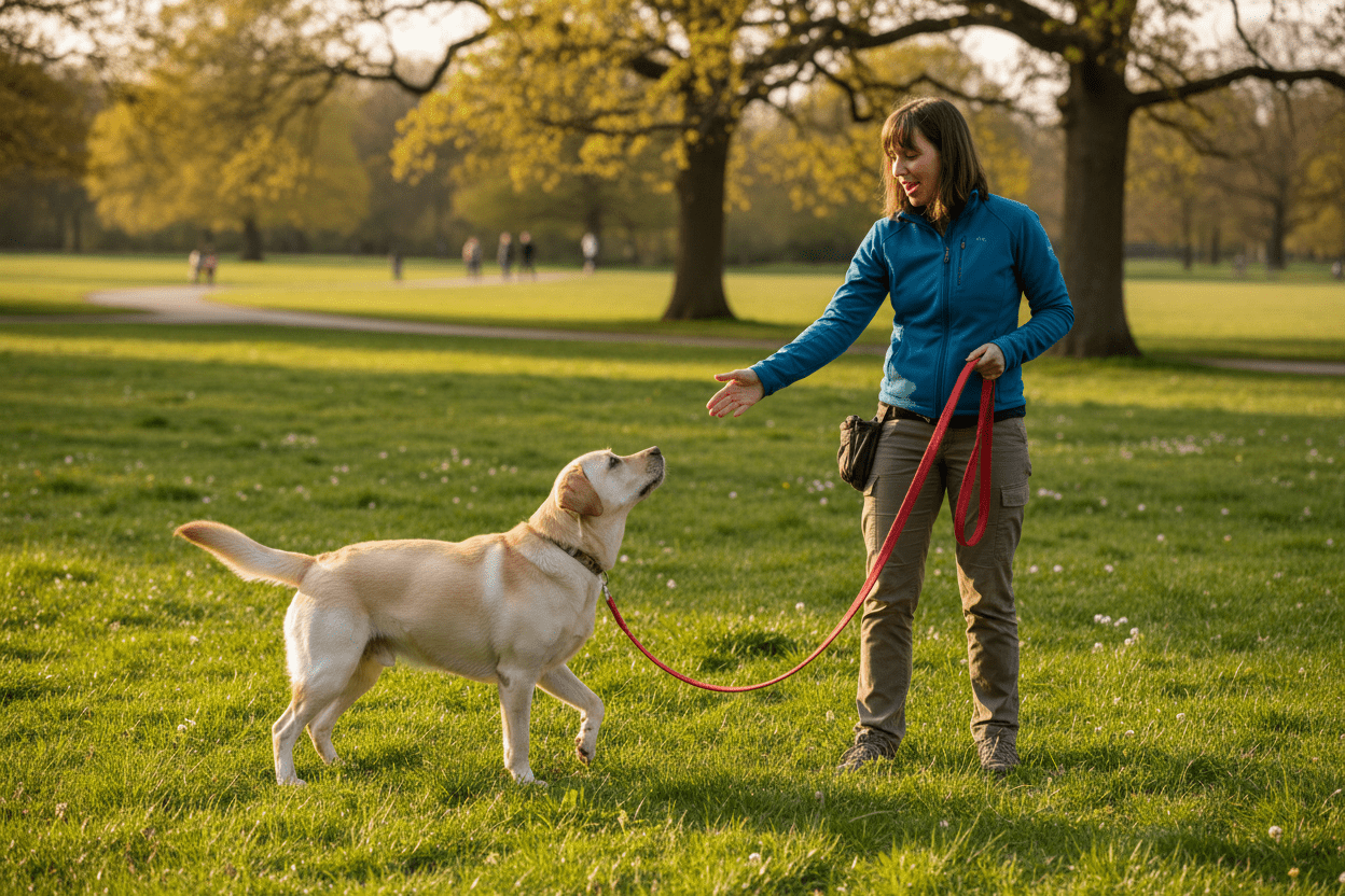 Max, labrador dressage avec sa longe pour chien