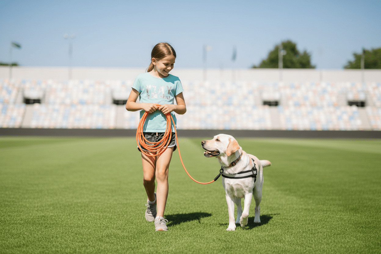 Max maîtresse stade riant avec longe pour chien orange
