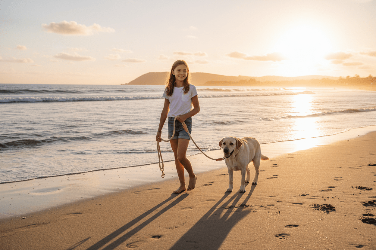 Max plage avec maîtresse tenant longe pour chien