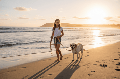 Max plage avec maîtresse tenant longe pour chien
