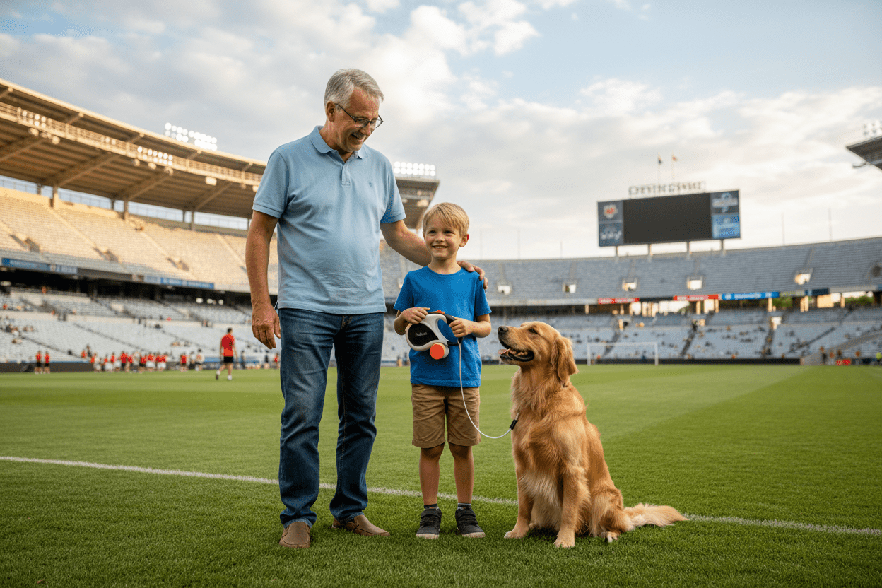 Max portant la laisse enrouleur stade
