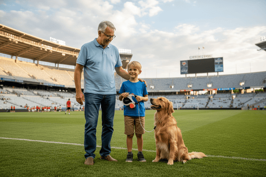 Max portant la laisse enrouleur stade