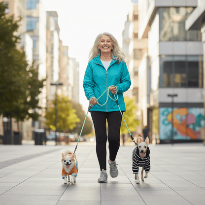 mère rayonnante promenant chiens  laisse double pour chien
