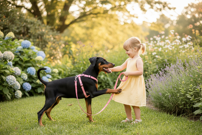 Mignon chien avec fillette jardin avec laisse rose