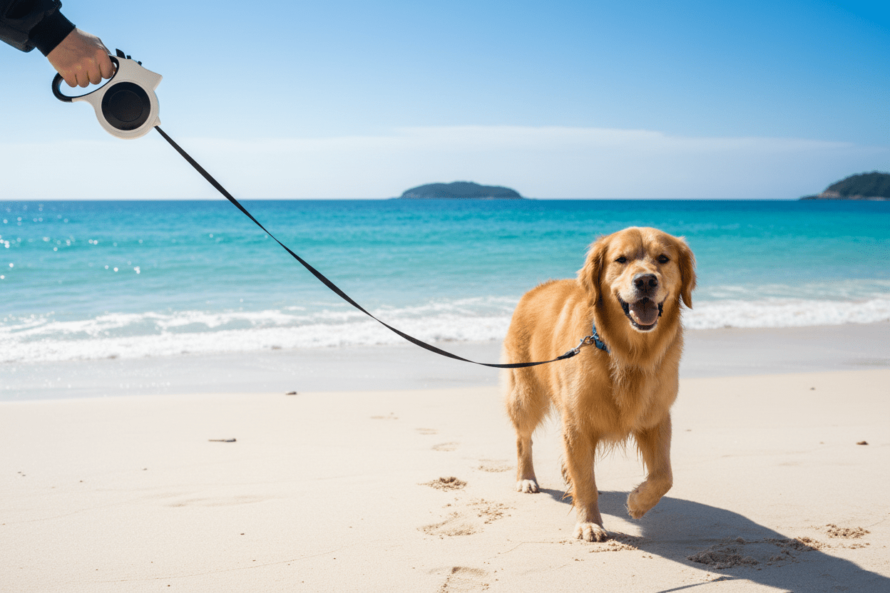 Mignon chien avec laisse pour chien à la mer