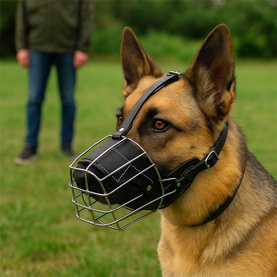 mignon-chien-jardin-avec-muselière-chien-cage