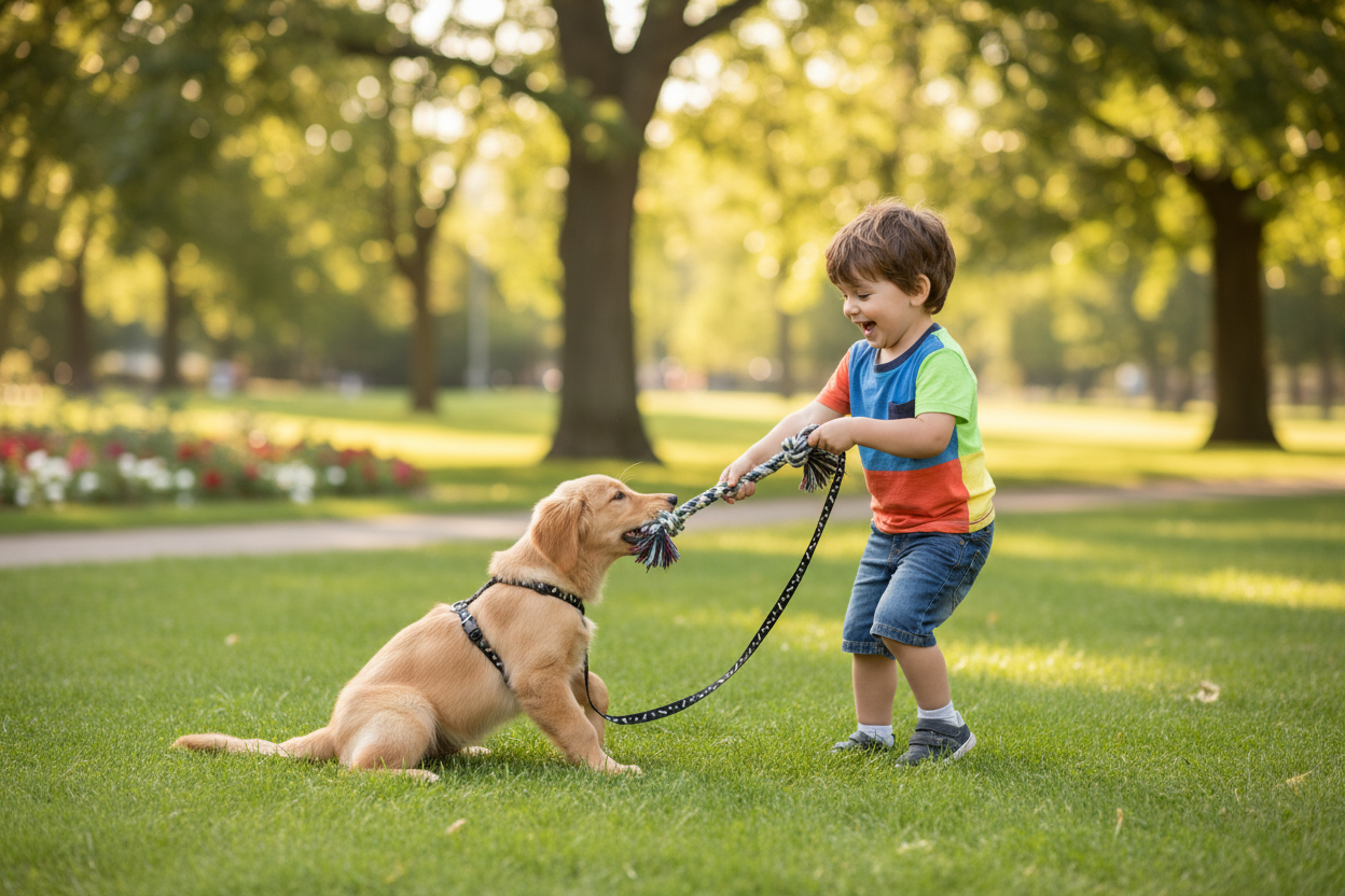 Mignon chien jouant avec garçon  laisse pour chien 